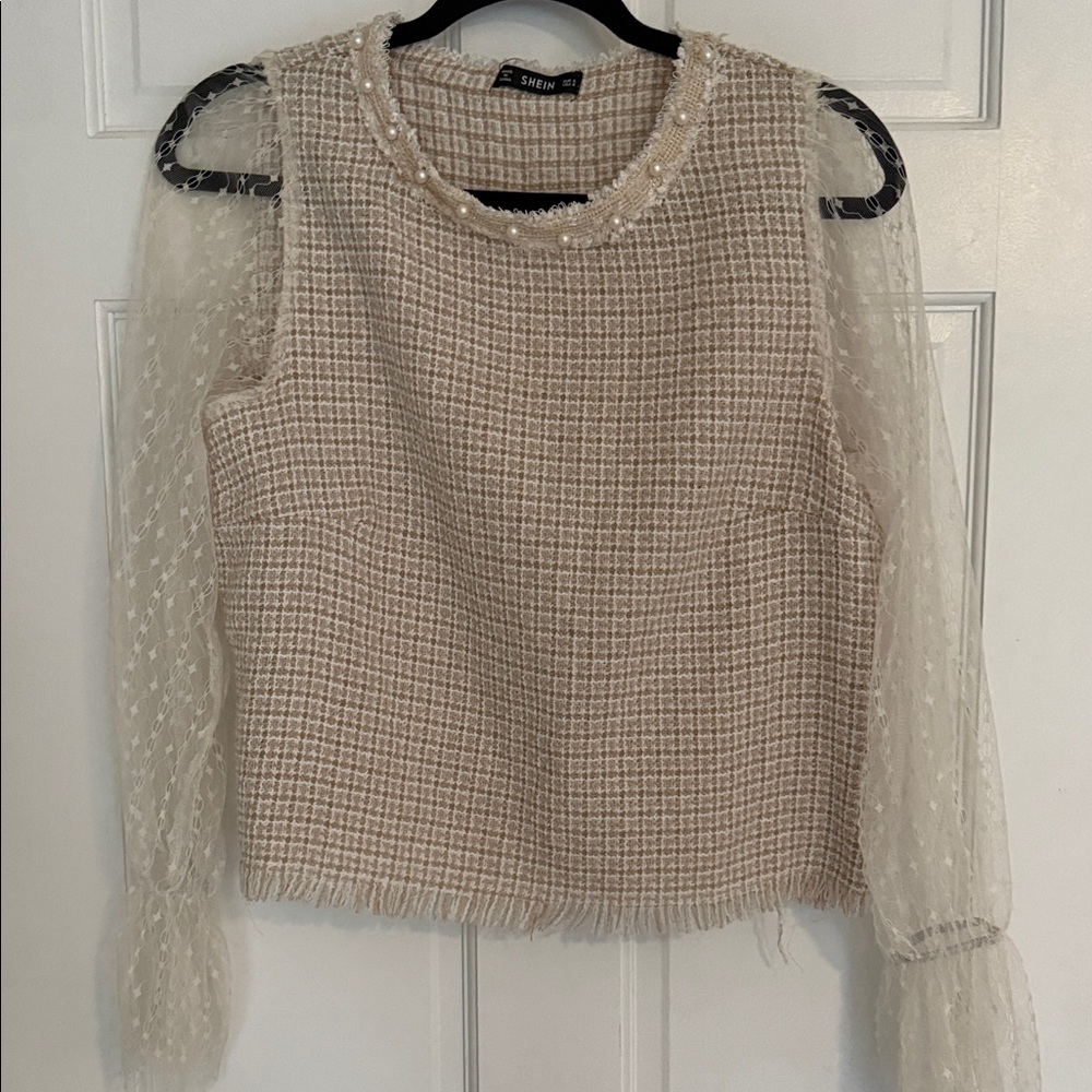 SHEIN Beige Tweed Blouse with Sheer Sleeves